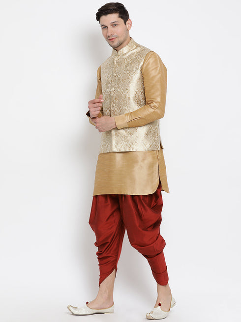 Vastramay Men's Rose Gold Jacquard Jacket With Kurta Dhoti Set